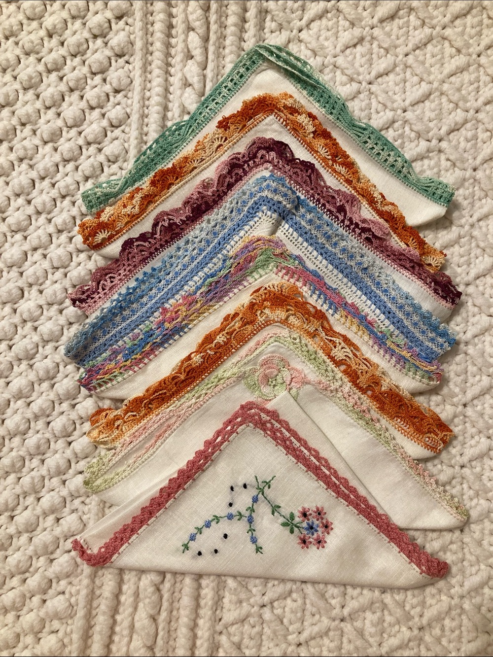Antique Embroidered Cotton Handkerchiefs with Multicolor Crochet Edges